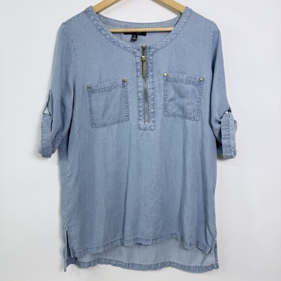 Ellen Tracy Popover Tunic Top Womens L Light Blue Tencel Lyocell Roll Tab Sleeve - Picture 1 of 6